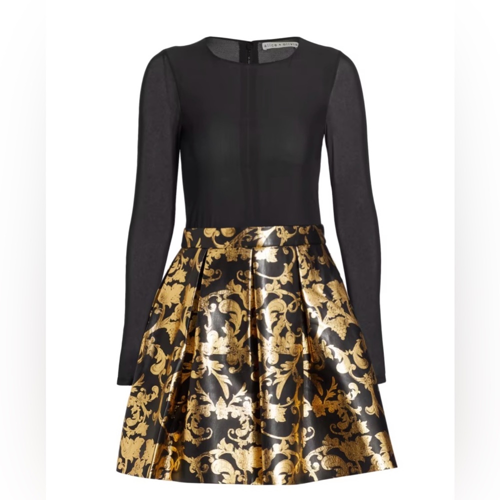Alice + Olivia Black and Gold Chara Long Sleeve Dress